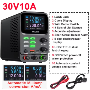 KUAIQU 5-digit Display dc power supply สวิตชิ่งเพาเวอร์ซัพพลาย เครื่องจ่ายไฟ 30V 10A Bench Power Supply 30v 20a Portable Power Station OCP Short Circuit Killer