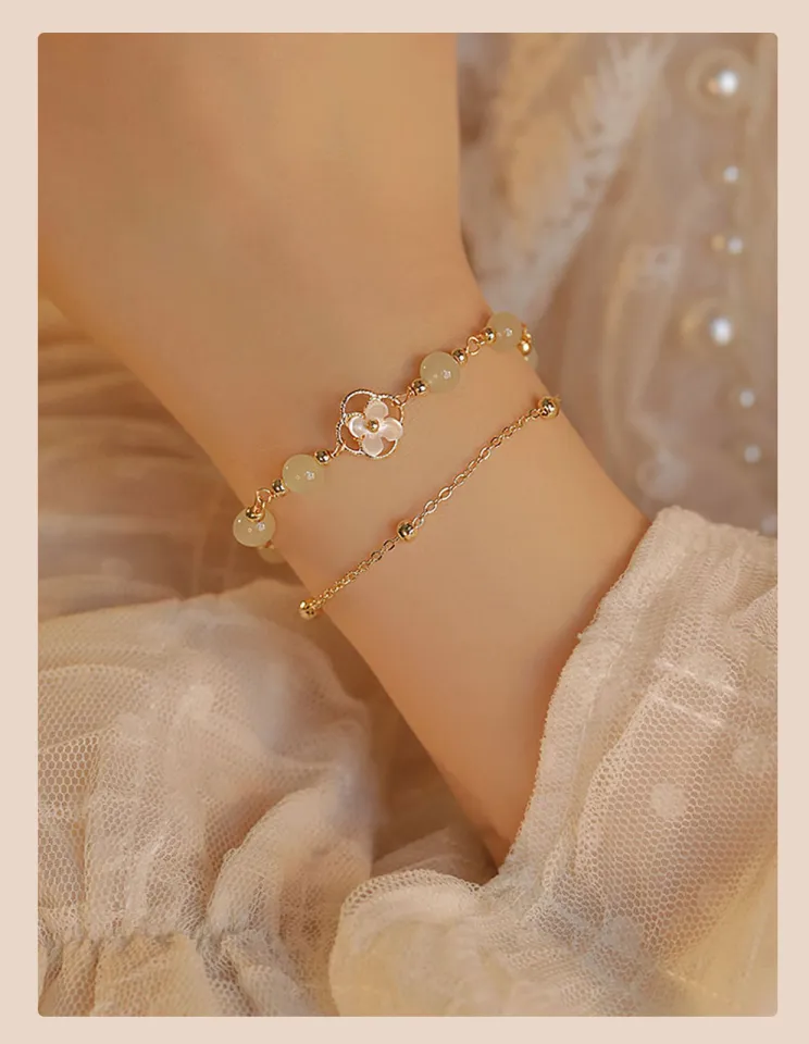 Viviann Original Design Hetian Jade Bracelet Double Layered Gold Bracelet  Gold Color For Women's Hetian Jade Bracelet Flower Double Layer Jewelry  Girls Gifts Emerald Crystal Chain Bracelets