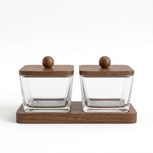 Set Hũ Thủy Tinh Vuông Nắp Gỗ Tối Kèm Khay Đựng Gia Vị Hạt Khô [SHTT002]