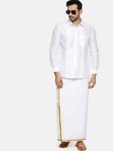 Ready Stock Mens Easy To Wear Best Adjustable White Dhoti Veshtis With Pocket & Golden Jari Border 100% Pure Cotton Hiqh Quality Comfortable Wear