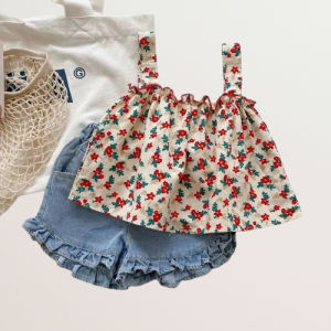 Sunday Kids Korean Summer Kids Terno For Girls Sweet Floral Sleeveless Tops With Denim Shorts 2 Pieces Set Baby Girl Outfits