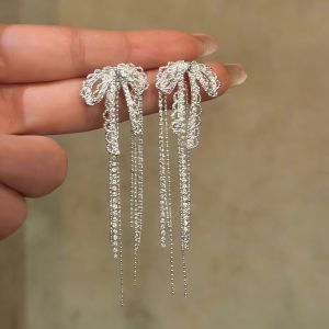 LONGB Tassel Detail Lace Ribbon Earrings Ribbon Bow Zircon Stone Bowknot Tassel Earrings Retro Retro Style Zircon Earrings For Women For Women