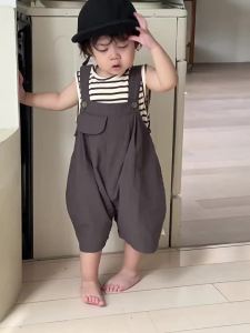 Boys summer thin clothing 2026 New baby clothes summer style Korean version childrens clothing childrens striped outfits T Overalls set