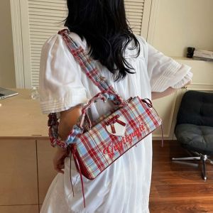 LANGJ จีบ กระเป๋าถือแบบฝรั่งเศส สายสะพายไหล่แบบดึง โบว์ริบบิ้น กระเป๋าผ้าใต้แขน ช้อปปิ้ง แบบเกาหลี กระเป๋าสะพายลายตาราง ผู้หญิง