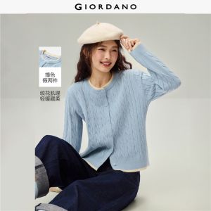Giordano Beau Monde Women Contrast trim cable knit cardigan Free Shipping 13356616