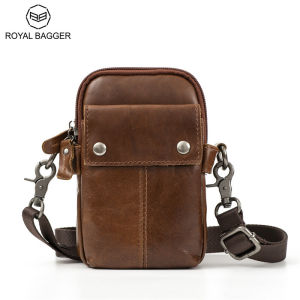 Royal Bagger Shoulder Sling Bags For Men Genuine Cow Leather Fashion Crossbody Small Phone Bags Cool Casual Waterproof Belt Waist Pack