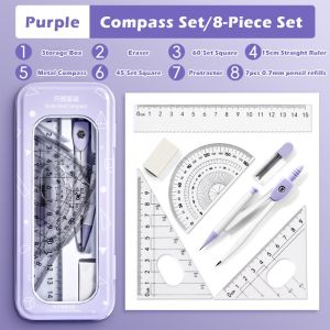 SHIRUI 8PCS/Set Transparent Ruler Compasses Set Eraser Plastic Measuring Ruler High Quality Straight Ruler Protractor Students