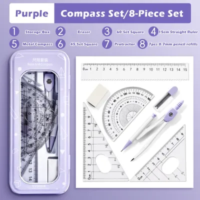 UNMEGONI 8PCS/Set Transparent Ruler Compasses Set Plastic Eraser Drawing Tool Multi-Function Set Square Protractor Students