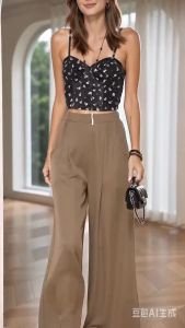 D#2626 Womens High Waist Chiffon Wide Leg Pants Casual Flowy Palazzo Trousers with Pockets