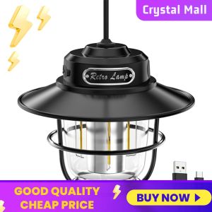 COD [Free Shipping] LED Camping Lantern Vintage 200LM Atmosphere Lamp Stepless Dimming Type-C USB Rechargeable for Hiking Fishing Emergency