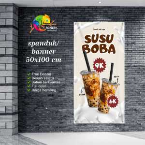 Cetak Spanduk Banner Coklat & Putih Minimalis Promosi Minuman Susu Boba