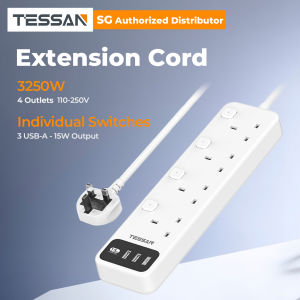 TESSAN Extension Cord – 4 Sockets with 13A Individual Switches 2M Cord & USB-A Ports