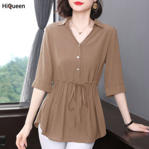 HiQueen Women Shirt Solid Color Cotton V-neck Mid-sleeve Pullover Top Drawstring Waist Fit Loose Hem Summer Blouse