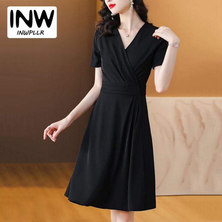 INWPLLR Temperament Black Dress Women s V neck Short Sleeve Dress Summer Plain Midi Party Dresses Ladies Lazada