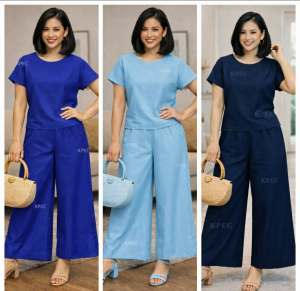 EE Chic Casual Cotton Womens Tracksuit Sets - Round Neck Top & Wide Leg Pants in Solid Colors