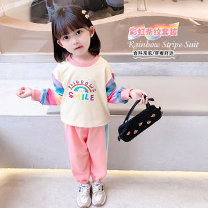 ชุดเด็กผู้หญิง เสื้อแขนยาวสีรุ้งใหม่ และกางเกงขายาวทรงหลวมสบาย ๆ set