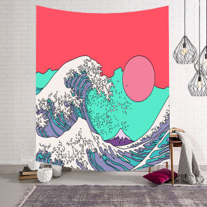 ผ้าทอญี่ปุ่นแบบอุคิโยะ   ผ้าแขวนตกแต่งภาพวาดคลื่น ผ้าพื้นหลังคลื่นคานางาวะ