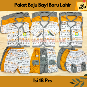 Paket 18Pcs Setelan Baju Bayi Baru Lahir Kekinian Motif Animal kombinasi warna Abu dan Mustard - Juragan Lebak