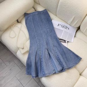 Rok Jeans Wanita Import Denim Rok jeans high waist panjang Rok kekinian 2024 Korean Style Rok Jeans Stretch Span