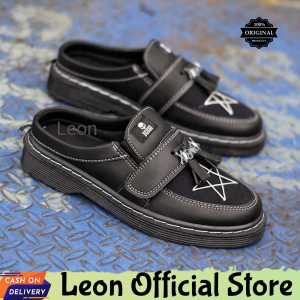 Sandal Sepatu Pria Hitam Original 100% Sendal Slop Bustong Loafers Star Skull Casual Ripet Slip On Selop Trendy