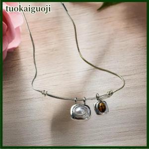 tuokaiguoji Korean Fashion Vintage Geometry Tigereye Stone Pendant Color Snake Chain Choker Necklaces For Women Trendy Jewelry