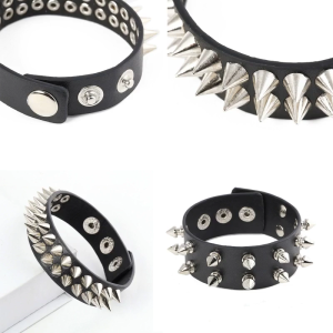 Studded Bracelet Black Leather Rivets Punk Bracelet Cuff Wrap Bangle Metal Snap Button Wristband for Men Women