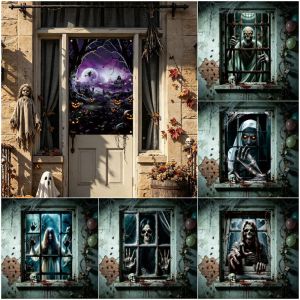 FLYING Hanging Design Halloween Curtain Multicolor Large Size Fake Window Banner Reusable Non-woven Fabric Halloween Party Backdrop Home Decoration