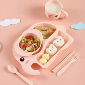 6pcs / set Kids Dinner Bowl Plate Wheat Straw Kids Tableware Dinner Plate Cartoon Drop-resistant Food Supplement Bowl Cup