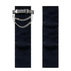 Japanese Womens Ribbed Knit Leg Warmer with Heart Chain Leather Belt Motorcycle Boot Covers Calf Length Socks Streetwear