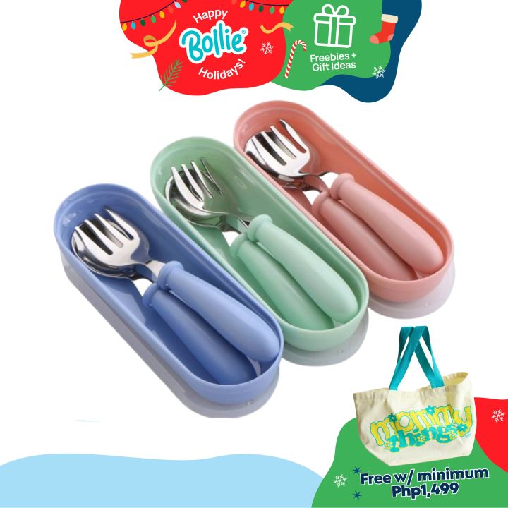 HIWOOD Baby Self-Feeding Utensils - BPA-Free Training Spoon & Fork Set With Travel Case (Blue)