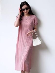 5378 Crew Neck Casual A- Line Dress Summer Sanzhai Pleated Casual Loose Sleeve  One Size (45-75kg)