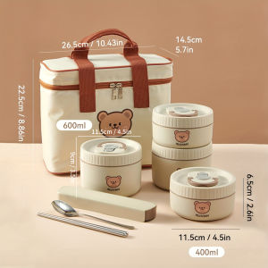 Cute Bear Insulated Lunch Box Set 304 Stainless Steel Bento Box With Cutlery & Thermal Bag Microwave Food Containers