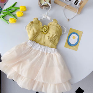 Gấu lãnh đạo quần áo thời trang cho bé gái 2023 phiên bản Hàn Quốc mùa hè mới Hồng Dây Đai Quần ren + váy lưới 2pcs cô gái thanh lịch thiết lập