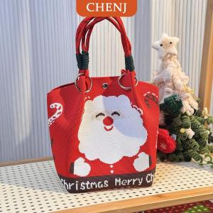 [COD] CHENJ กระเป๋าถักลายการ์ตูนกวางเรนเดียร์ซานตาคลอสสำหรับผู้หญิงกระเป๋าถือแบบพกพาความจุขนาดใหญ่กระเป๋าของขวัญคริสต์มาส