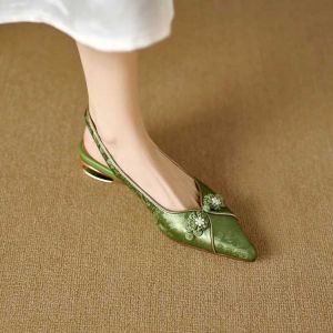 New Chinese Pointed Toe Strap Sandals  National Style Flowers Baotou Hollow Sandals Temperament with Skirt High Heel Sandals