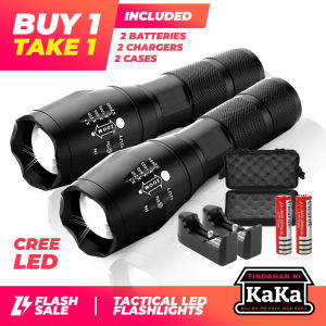 [TnK] Rechargeable Buy 1 Take 1 Tactical Flashlight Taclight Complete Set with Battery and Charger Heavy-Duty LED BUY 1 Get 1 Pocket Compact Flash Spotlight Lamp Torch Waterproof Bicycle Biking Camping Hiking Outdoor Emergency Zoomable Survival Security