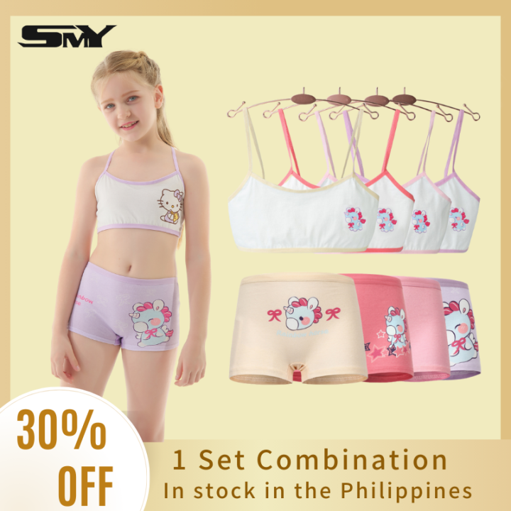 SMY 1 Set (Top + Panties)New Random Color Girl Training Bra Set 8-15 Years  Old Pure Cotton Youth Bra Underwear Cute Cartoon Panty For Kids