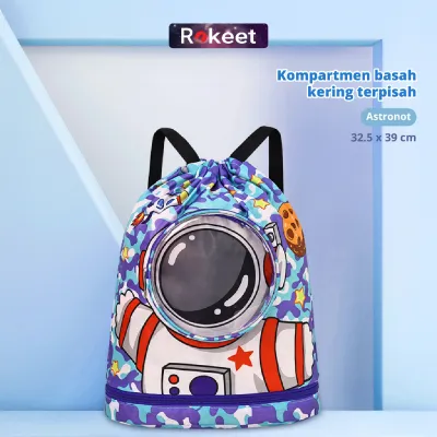 Rokeet Tas Ransel Renang Anak Waterproof Motif Astronot & Unicorn Sekat Basah Kering Tempat Sepatu & Kacamata