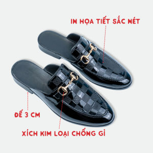 Giày sục nam da đên bóng kínhgiày xục da mềm in họa tiết ô vuông kết hợp với đường gân nổi RUNO G56