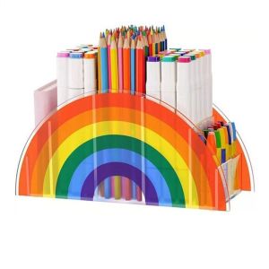 MKEB Acrylic Rainbow Pen Holder Colorful with 5 Grids Makeup Brush Storage Rack Creative Arch Bridge Design Stationery Organizer Stand for Students