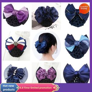 Graceful Nurse Stewardess Hair Accessories Bowknot Stripe Net Bun Hair Cover Women Barrette Net Bun Crochet Net Bun Snood