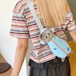 CRNGW หวาน กระเป๋าคาดลำตัวรูปแมวพร้อมหูฟัง กระเป๋า น้ำเงิน กระเป๋าสะพายการ์ตูน กระเป๋าปากกา น่ารัก กระเป๋าเครื่องเขียนผ้าพลัฌ ผู้หญิง