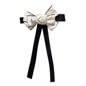 Women Ribbon Bowtie Brooch Pin Student Vintage Camellia Pearls Bowknot Corsage Jabot Collar Pre Tied Necktie