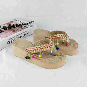【Free Shipping】2026 New Bohemian Style Womens Thick-Soled Wedge Heel Height-Increasing Sandals with Colorful Pom-Poms Ethnic Style Slippers