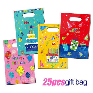 25pcs Birthday party gift bags four-color mixed candy cookie packaging plastic tote bags birthday decoration party gift bag