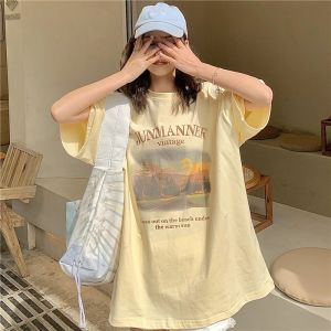 KoreanDress พร้อมส่งจากกทม มาถึงใน 3-5 วัน เสื้อ ยืด ผู้หญิง Oversizeเสื้อยืดแขนสั้นพิมพ์สีครีมสีเหลืองสไตล์เกาหลี