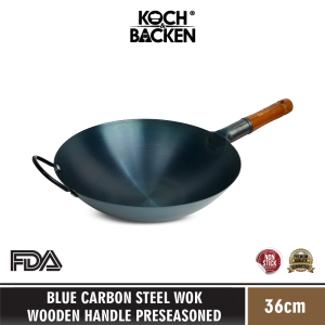 KOCH&BACKEN Blue Carbon Steel Wok Wooden Handle Preseasoned 36cm - Wajan Kuali Penggorengan Baja Gagang Kayu Anti Lengket