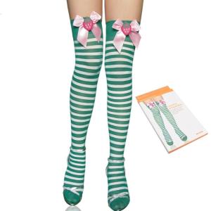 Sweet Strawberry Bowknot Ribbed Over Knee Socks for Women Christmas Festivals Striped Thigh High Long Tube Stockings