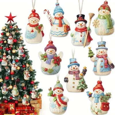 Christmas Tree Ornaments Set Wooden Snowman Hanging Pendants 18pcs Xmas Home Decor Gift