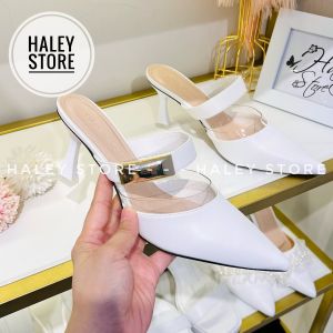 Guốc sục tag đồng 7cm HALEY STORE trắng đen bít mũi quai đính đá trong tiểu thư cô dâu đi tiệc đi làm êm chân dễ mang